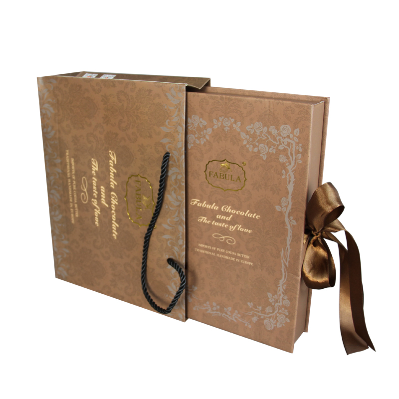 Cardboard book shaped chocolate box with ribbon