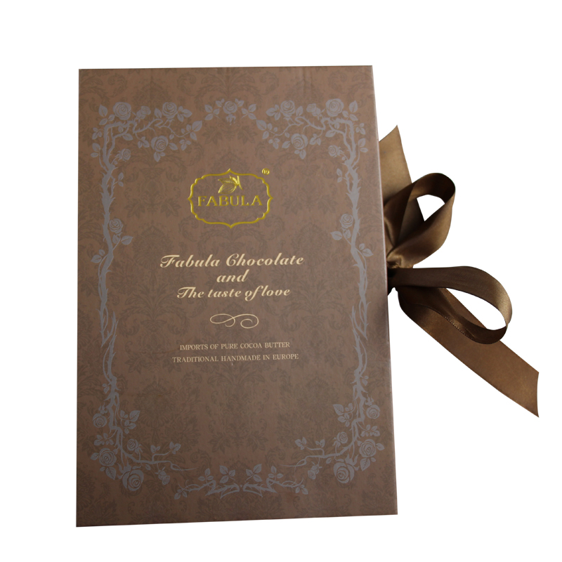 Cardboard book shaped chocolate box with ribbon